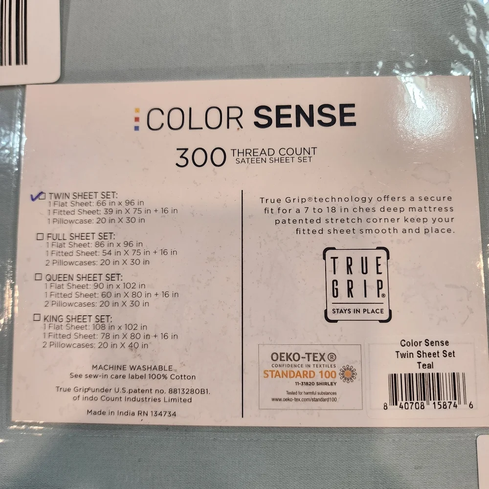 Color Sense Teal 300 Thread Count Sateen Sheet Set New Soft  True Grip Cotton